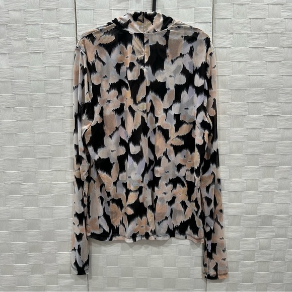 CABI Top Women Size L Black Peach Turtleneck Mesh Long Sleeve Sheer Floral Rayon - Picture 3 of 10
